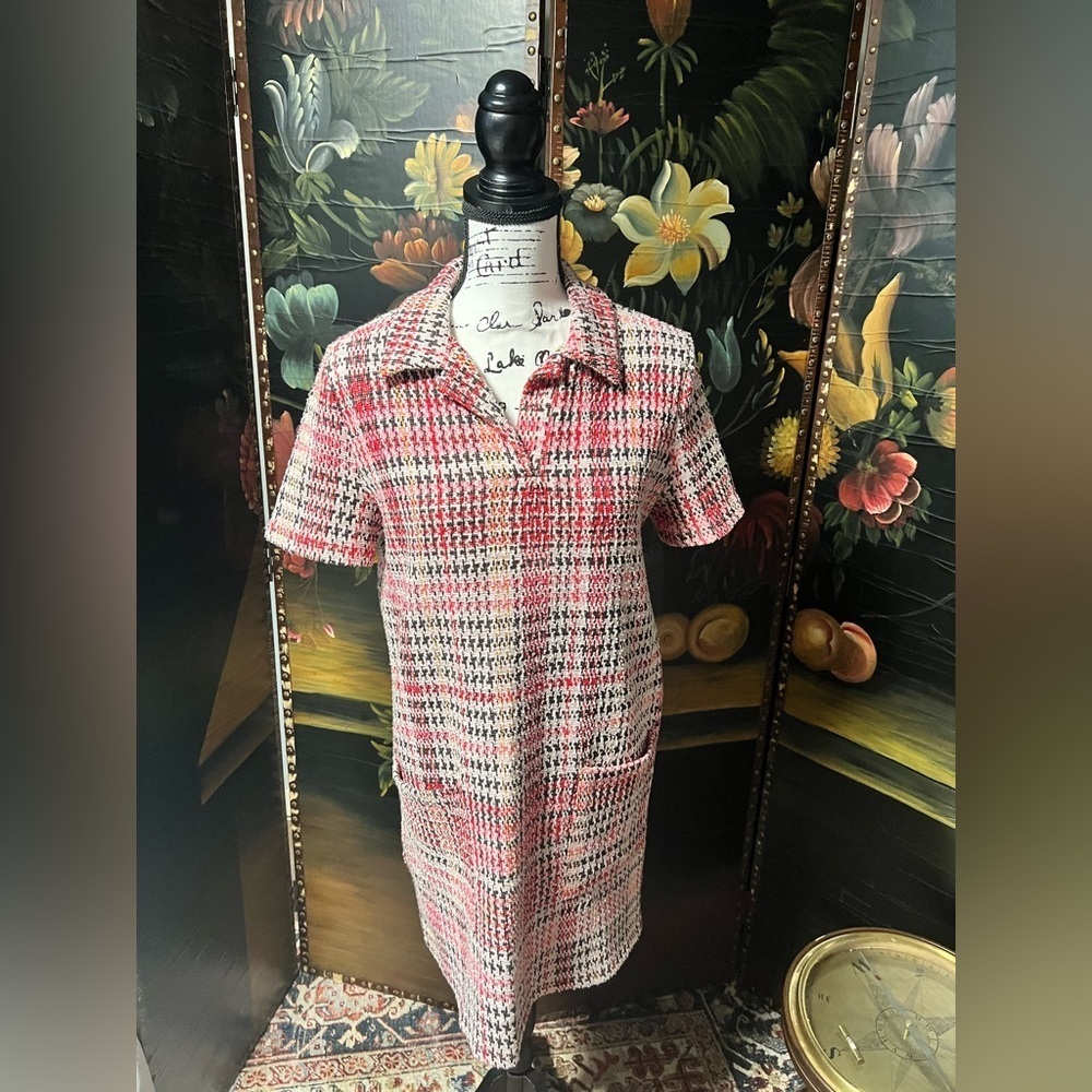 Zara Tweed Dress Pink Mix Cotton Blend Collared Short Sleeve (D4)